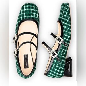 Women Mary Janes Pumps Double Strap Block Heels Round Toe with Rhinestone Buckle